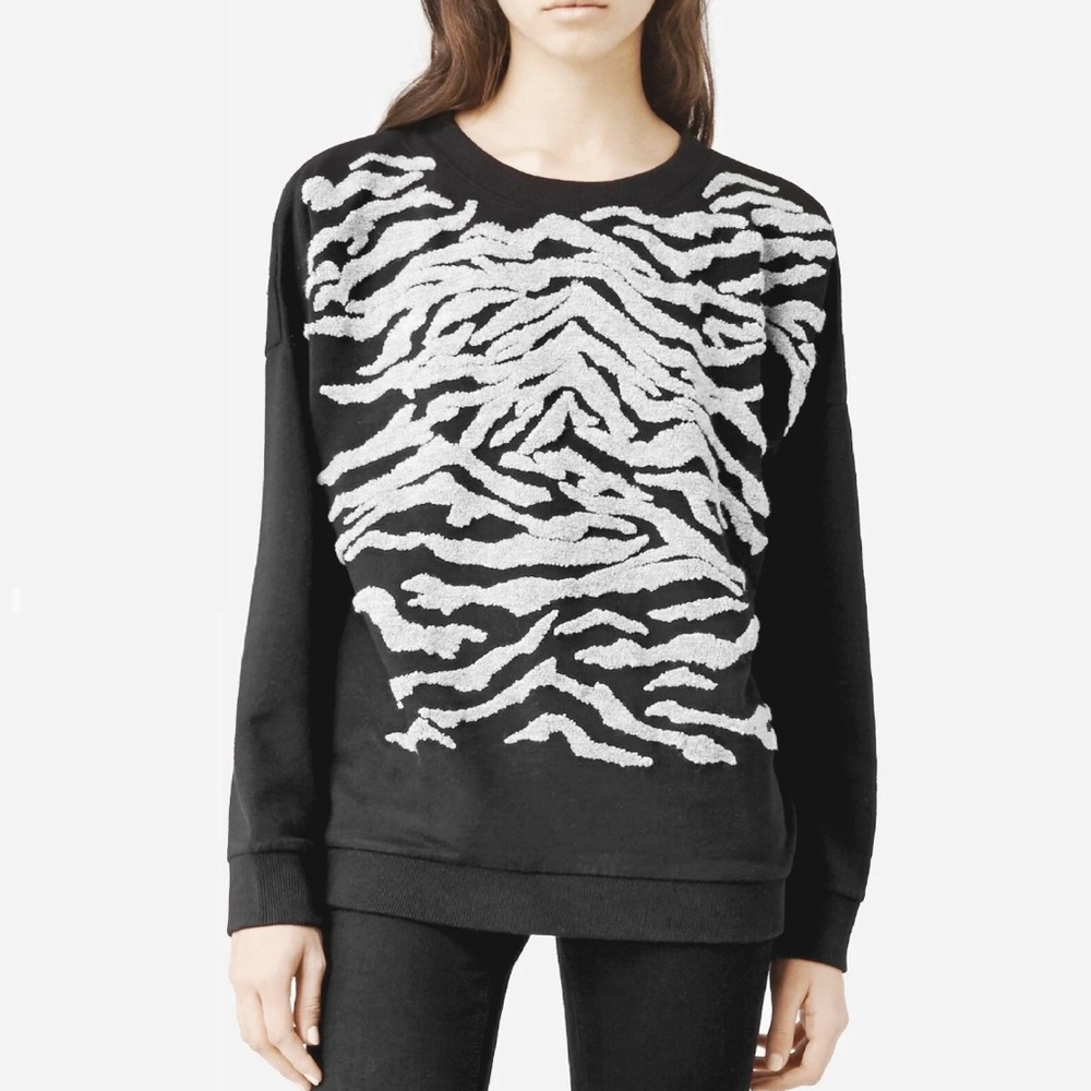 ALL SAINTS Zira Zebra Teddy Appliqué Textured Crewneck Sweater Sweatshirt Gray